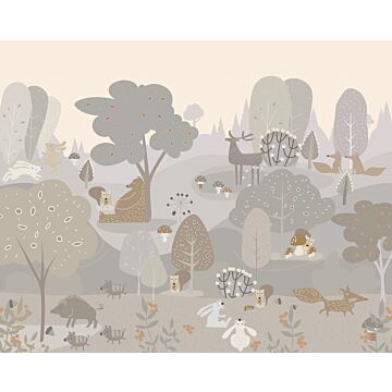 papier peint panoramique forêt avec des animaux de la forêt gris et marron