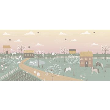 papier peint panoramique les animaux de la ferme vert et rose
