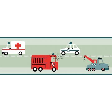 frise de papier peint adhésive voitures, camions de pompiers, hélicoptères et grues vert menthe